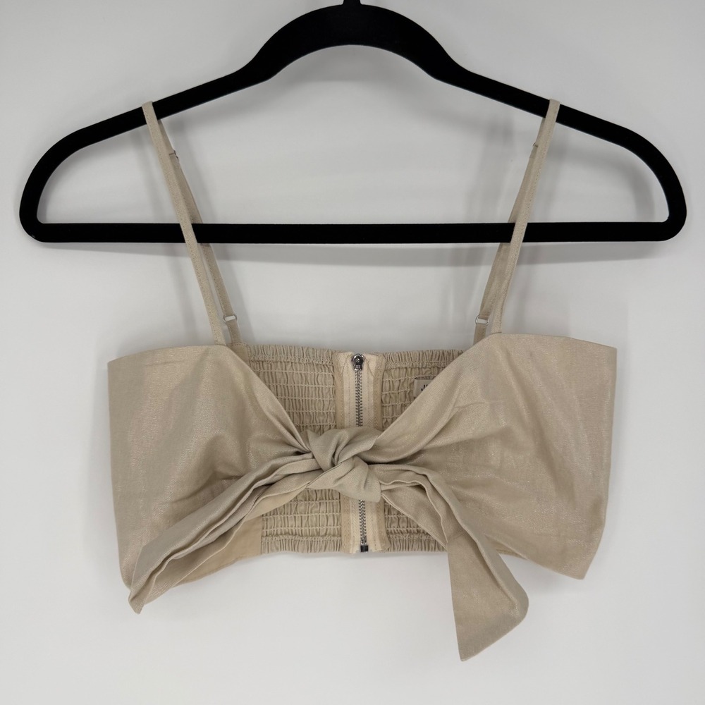 JASON WI TIE-FRONT BOW BUSTIER CROP TOP CHAMPAGNE BEIGE LINEN XS GLAM RESORTWEAR